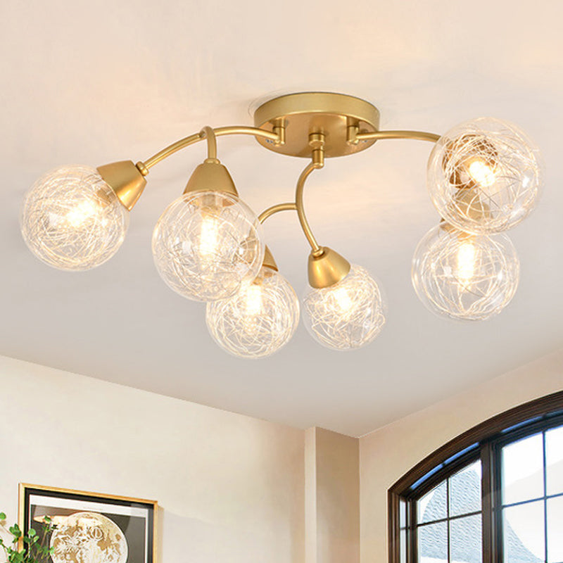 6/12 Lights Bedroom Semi Flush with Sphere Clear Glass Shade Modern Gold Led Semi Flush Ceiling Light