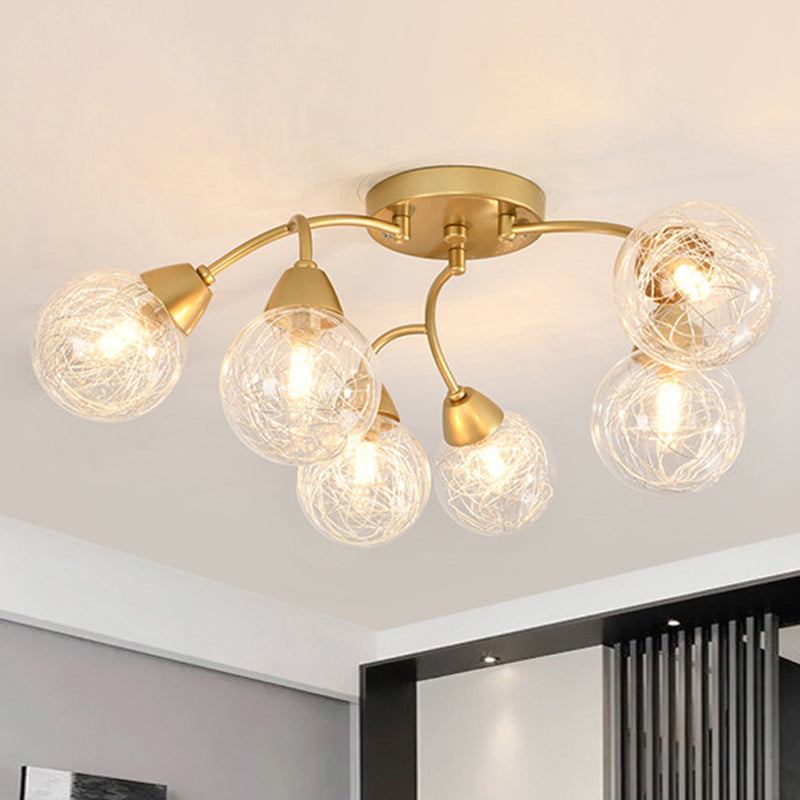 6/12 Lights Bedroom Semi Flush with Sphere Clear Glass Shade Modern Gold Led Semi Flush Ceiling Light