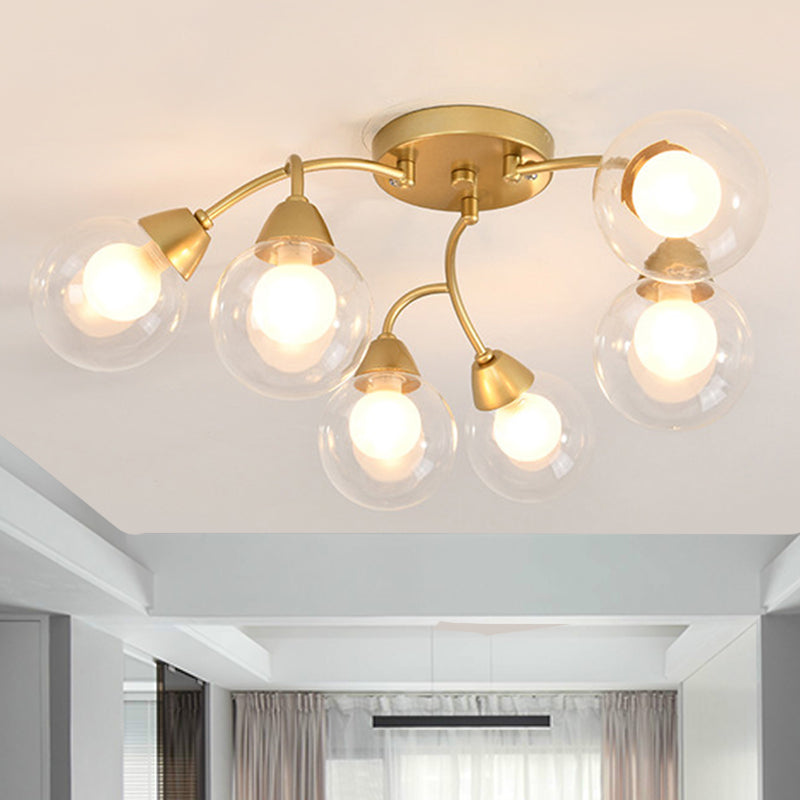 6/12 Lights Bedroom Semi Flush with Sphere Clear Glass Shade Modern Gold Led Semi Flush Ceiling Light