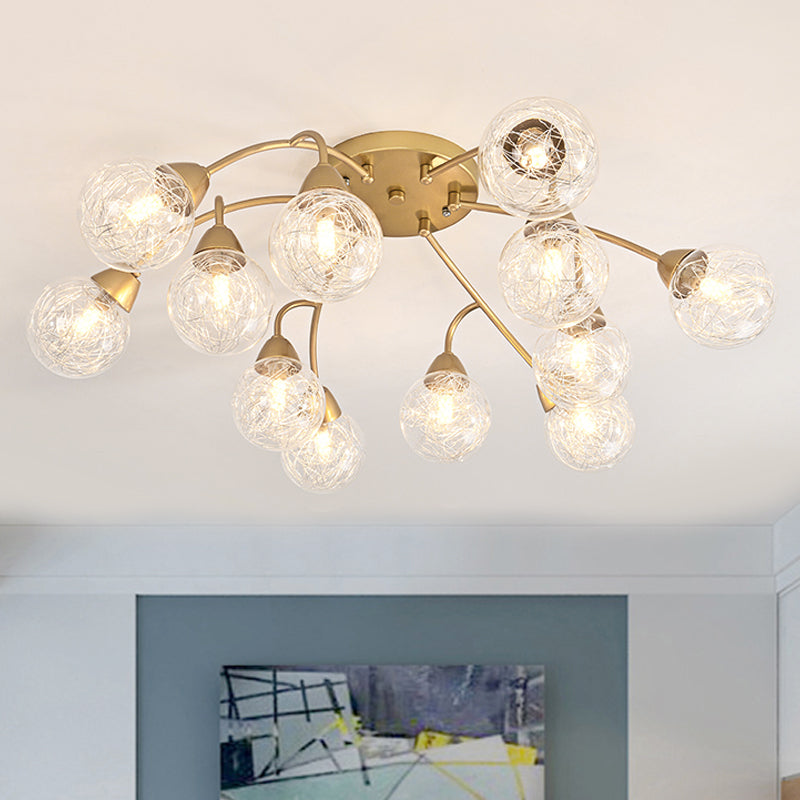 6/12 Lights Bedroom Semi Flush with Sphere Clear Glass Shade Modern Gold Led Semi Flush Ceiling Light