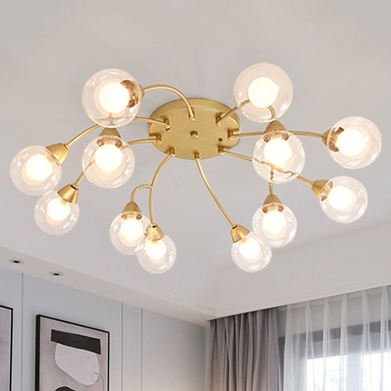 6/12 Lights Bedroom Semi Flush with Sphere Clear Glass Shade Modern Gold Led Semi Flush Ceiling Light