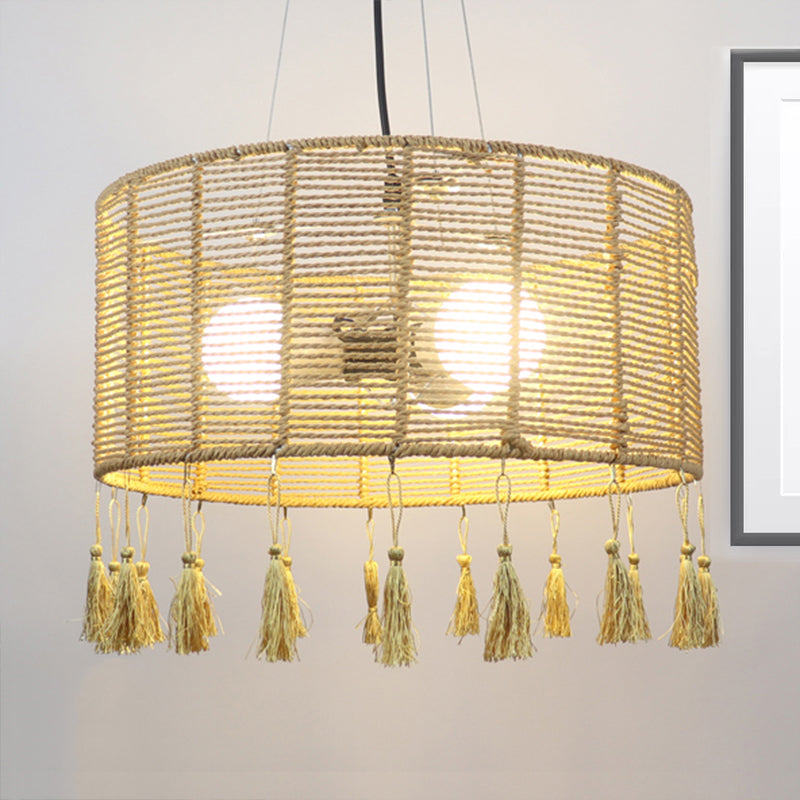 12"/16" Wide Drum Shade Pendant Lamp Modernist Style Rattan 1/3-Light Beige Hanging Lighting with Tassel