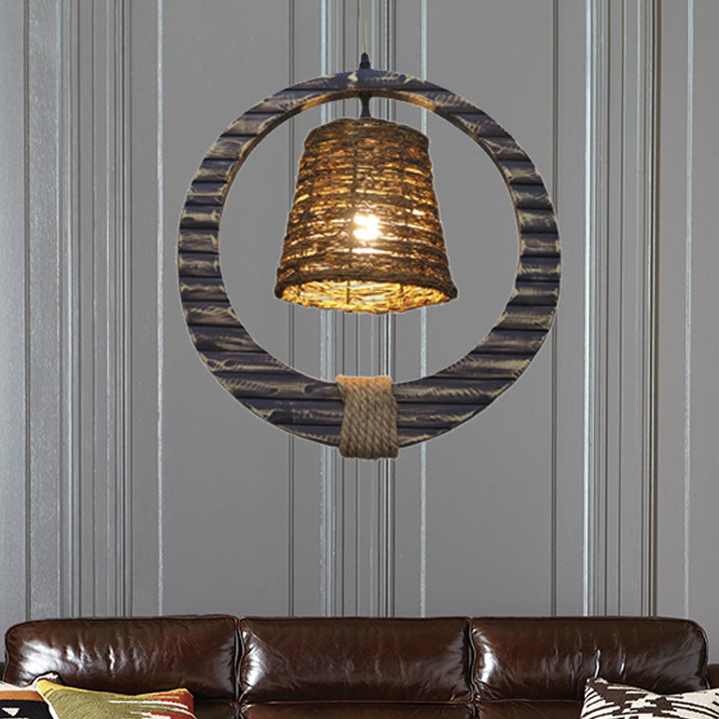 Rattan Conical Hanging Light Modern Style 1 Head Brown Pendant Lamp with Wooden Vertical Ring