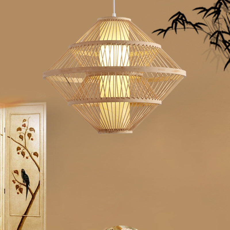 16"/19.5" W Weaving Pendant Lamp Asian Style Bamboo 1 Light Beige Hanging Light Fixture for Living Room