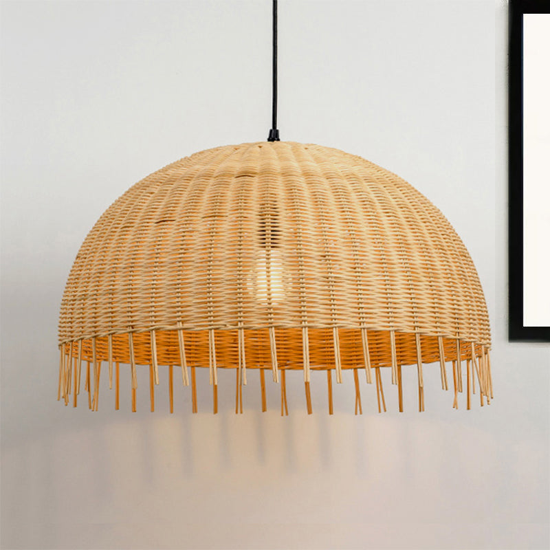 Beige Hand-Woven Pendant Light Fixture with Dome Shade Modern Style 12"/16" W 1 Head Rattan Hanging Lamp