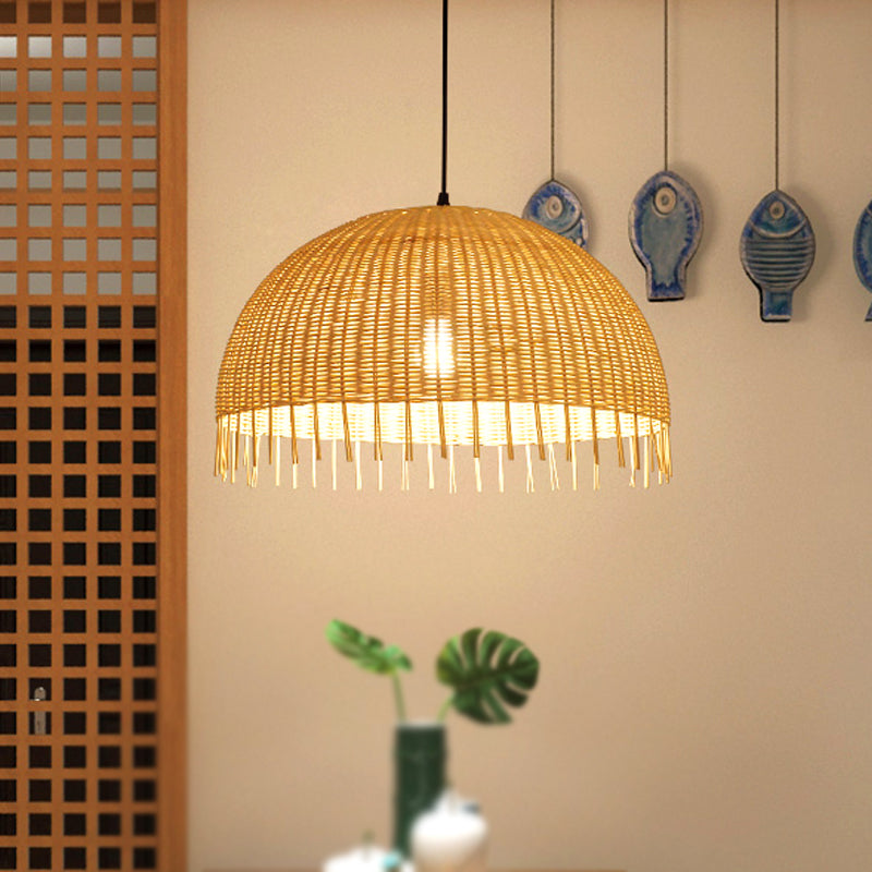 Beige Hand-Woven Pendant Light Fixture with Dome Shade Modern Style 12"/16" W 1 Head Rattan Hanging Lamp