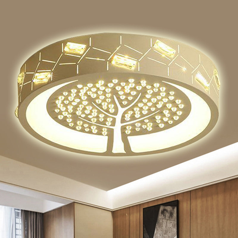 Tree Pattern Round Flush Mount Light Contemporary Metal LED Living Room Ceiling Lighting with Crystal Bead in White/Warm Light