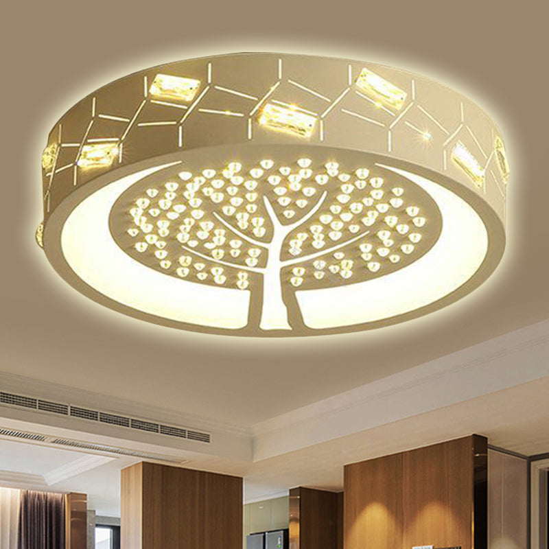 Tree Pattern Round Flush Mount Light Contemporary Metal LED Living Room Ceiling Lighting with Crystal Bead in White/Warm Light