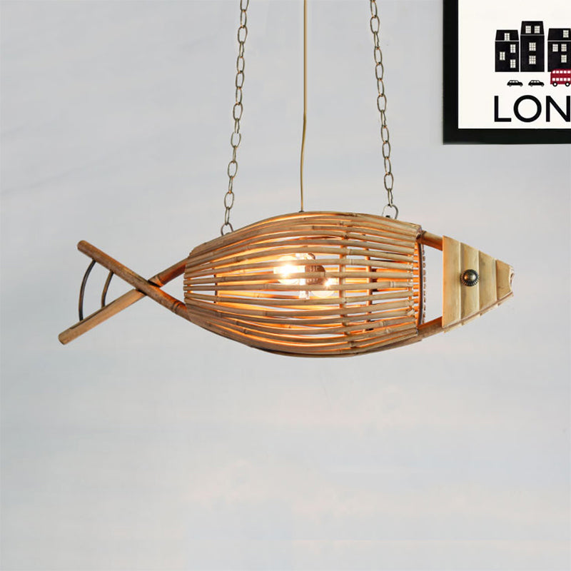 Kuststijl visvormige kroonluchter lichtbarmsel bamboe 1 lichte slaapkamer suspensie lamp in beige