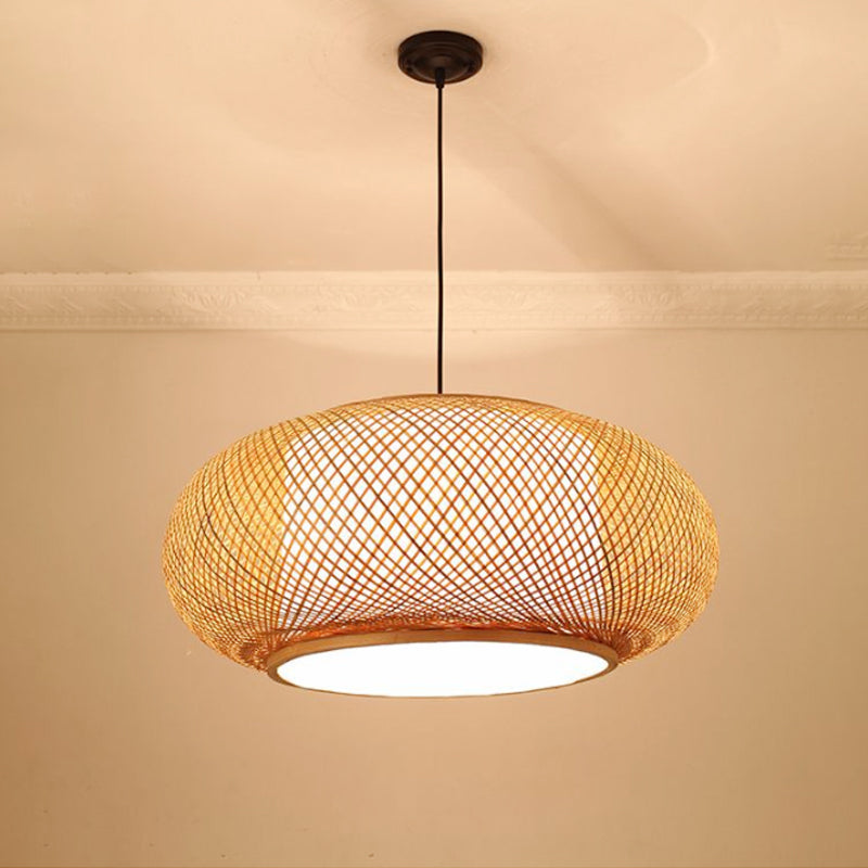 Tambour incurvé Bamboo Pendant Light Light Asian Elemy 16 "/19.5" W 1 Light Beige Placed Lampe pour le salon