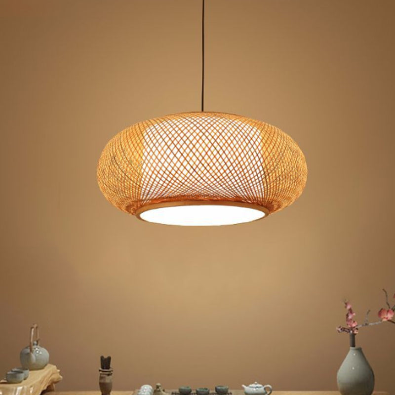 Curved Drum Bamboo Pendant Light Asian Stylish 16"/19.5" W 1 Light Beige Hanging Lamp for Living Room