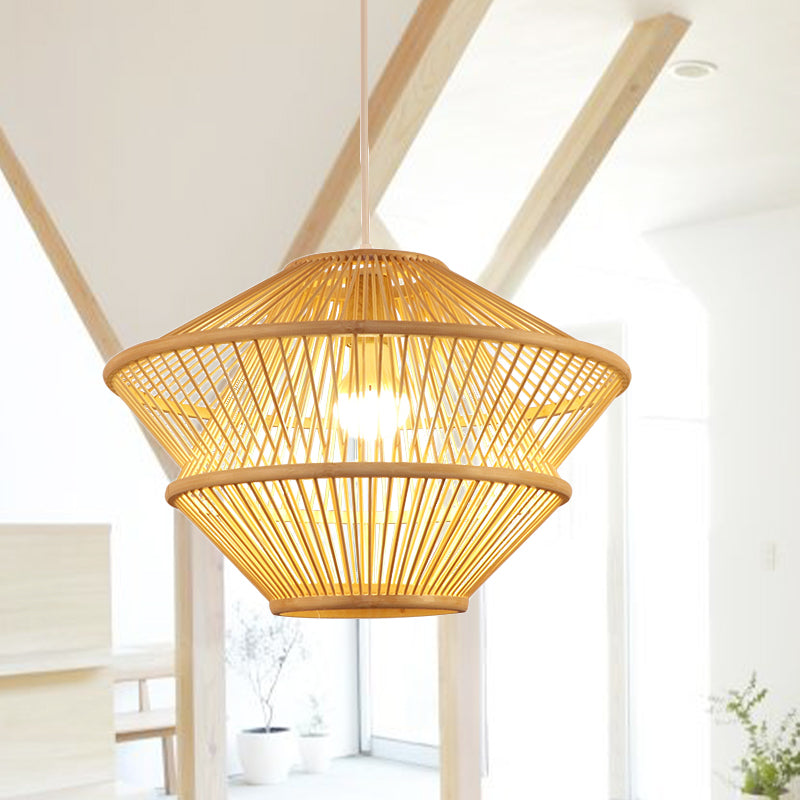 Hand Knitted Pendant Light Fixture Asian Style Bamboo 1-Light Beige Hanging Lamp over Dining Table