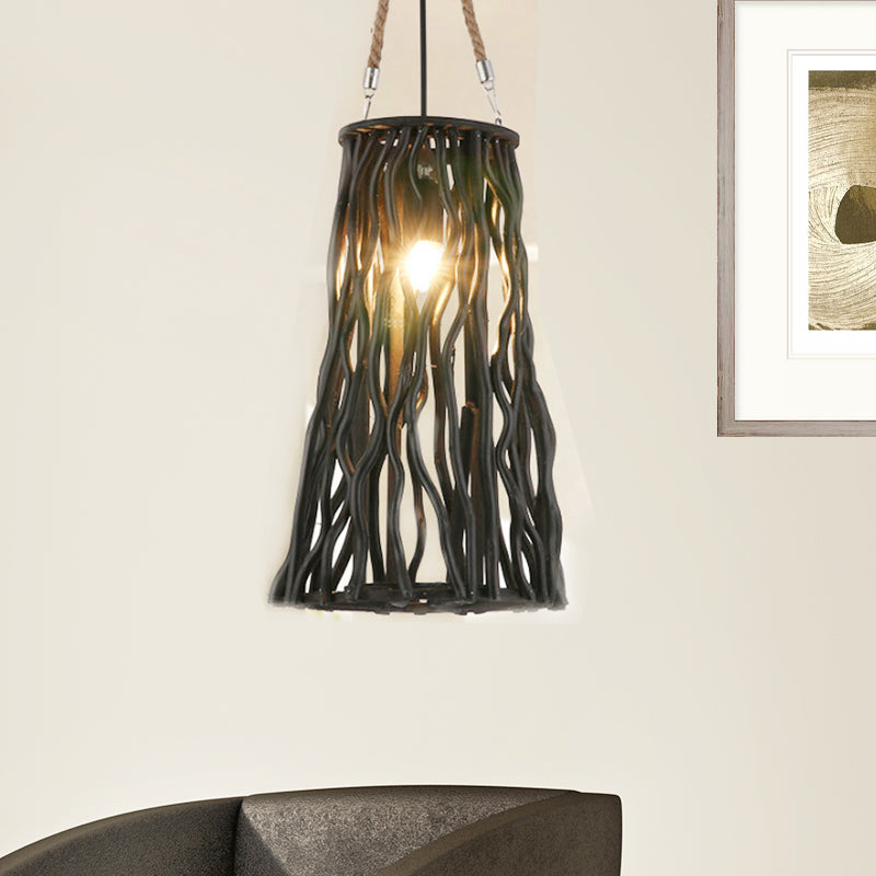 Rustic Barrel/Cone/Globe Pendant Ceiling Light Wood 1 Bulb Dining Room Hanging Lamp in Black