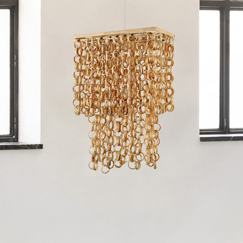 16"/19.5" Wide Tassel Bamboo Drop Pendant Chinese Single Light Beige Hanging Lamp for Dinging Room Restaurant