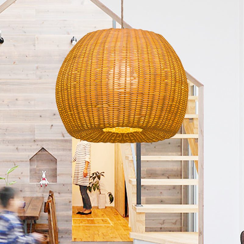 Dome Handwoven Rattan Hanging Pendant Contemporary 1-Bulb Beige Suspension Light for Restaurant