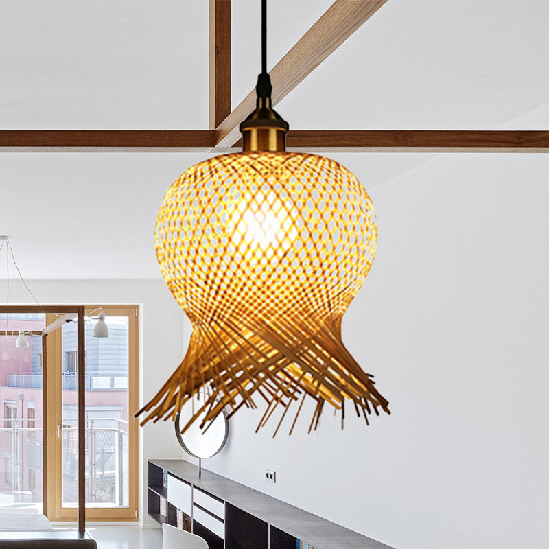Kwekvorm Handgeweven bamboe hangende lamp Aziatisch 1-licht beige hanglamp voor restaurant
