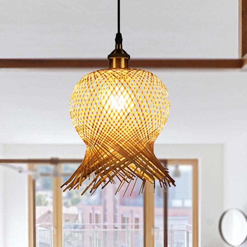 Jellyfish Shape Hand-Woven Bamboo Hanging Lamp Asian 1-Light Beige Pendant Light for Restaurant