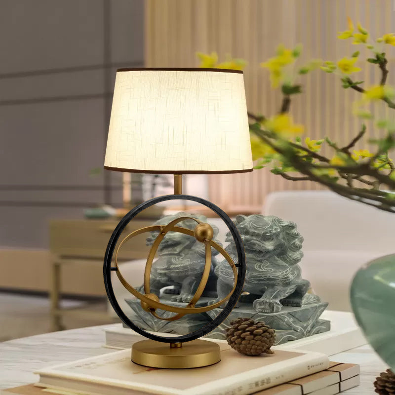 1-Light Bedroom Night Lamp Contemporary Bronze Fabric Table Light with Round Metal Base