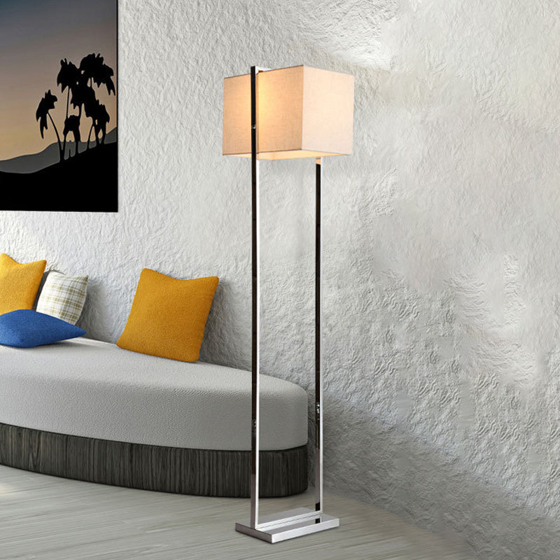 Rectangular Floor Standing Lamp Modernism Fabric Reading Floor Lamp in Beige with Metal Base