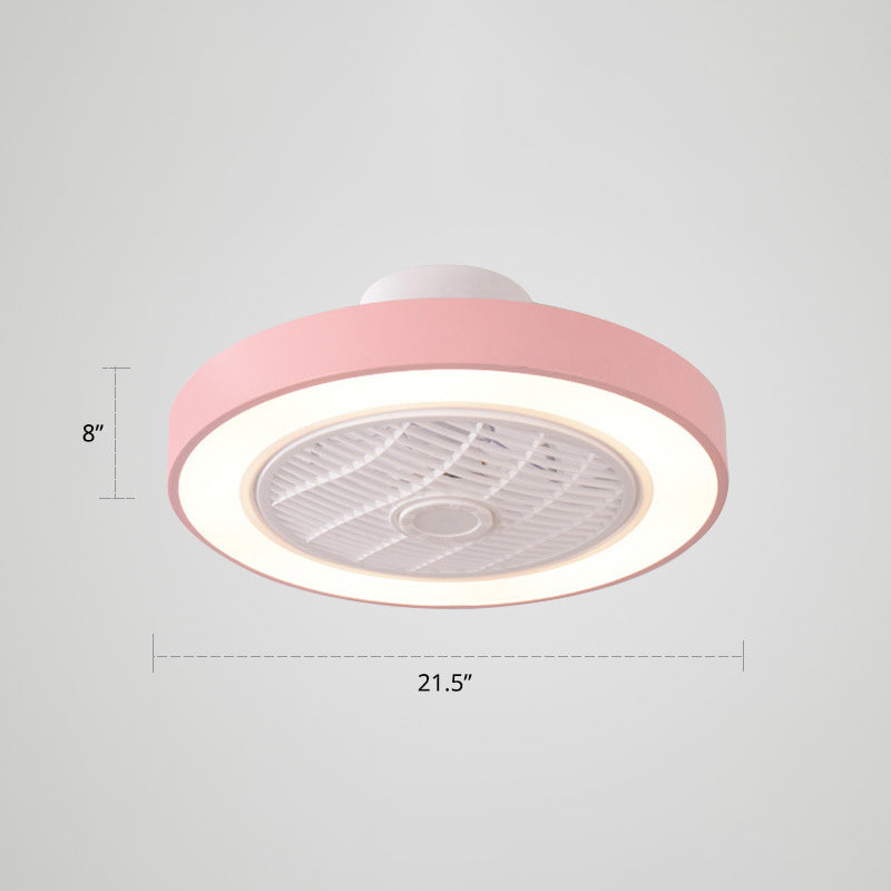 21.5" W Nordic Round Ceiling Fan Light Fixture Metal Kids Bedroom LED Semi Flush Light with Remote Control