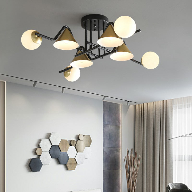 Cone and Ball Shaped Flushmount Light Minimalist Glass Black-Brass Semi Flush Ceiling Light