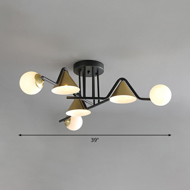 Cone and Ball Shaped Flushmount Light Minimalist Glass Black-Brass Semi Flush Ceiling Light