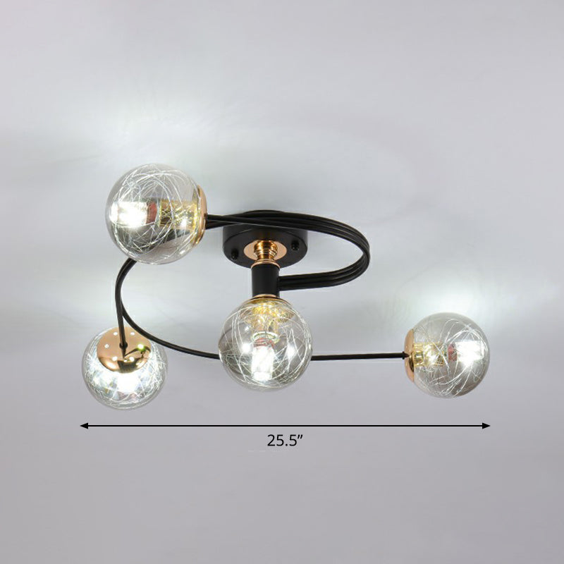 Glass Sphere Semi Flush Light Simple Style Black Ceiling Mount Lamp with Spiral Design