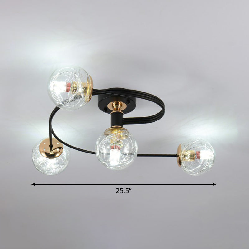 Glass Sphere Semi Flush Light Simple Style Black Ceiling Mount Lamp with Spiral Design