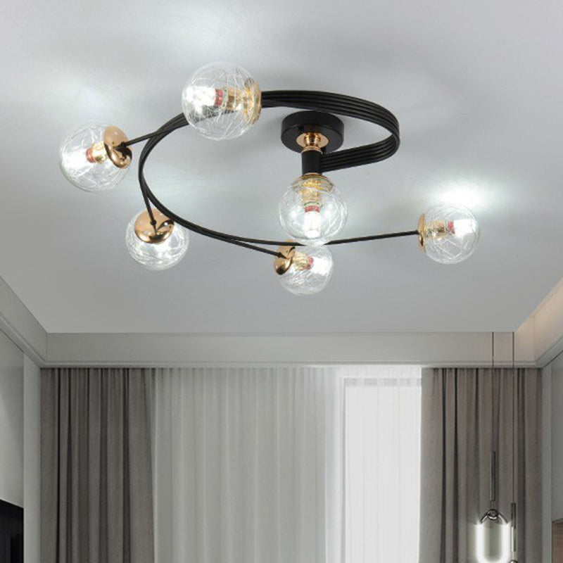 Glass Sphere Semi Flush Light Simple Style Black Ceiling Mount Lamp with Spiral Design