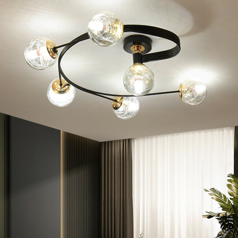 Glass Sphere Semi Flush Light Simple Style Black Ceiling Mount Lamp with Spiral Design