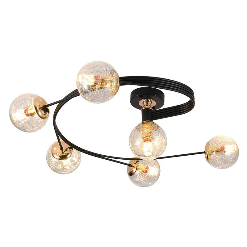 Glass Sphere Semi Flush Light Simple Style Black Ceiling Mount Lamp with Spiral Design