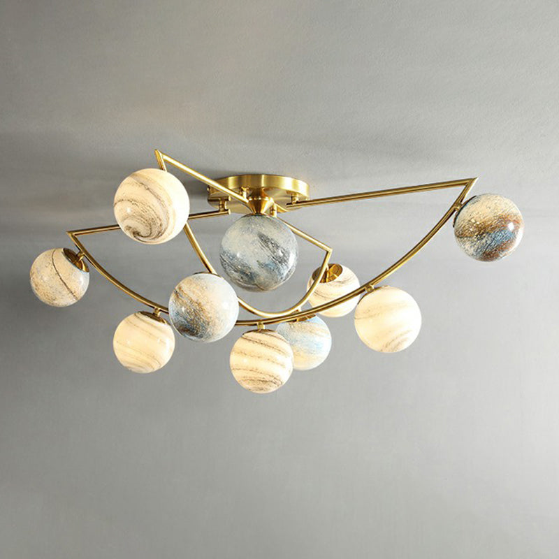 Cosmos Planet Ceiling Lamp Nordic Ombre Glass Bedroom Semi Flush Mount Chandelier in Gold