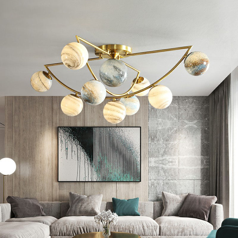 Cosmos Planet Plafond Lampe nordique Ombre Verre Bouc à coucher semi Flush Flush Chandelier en or