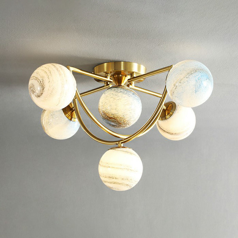 Cosmos Planet Ceiling Lamp Nordic Ombre Glass Bedroom Semi Flush Mount Chandelier in Gold