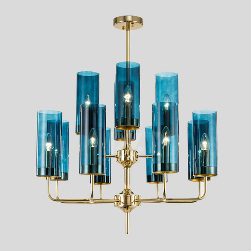 Cylindrical Up Chandelier Postmodern Glass Brass Finish Hanging Light for Living Room