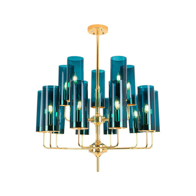 Cylindrical Up Chandelier Postmodern Glass Brass Finish Hanging Light for Living Room