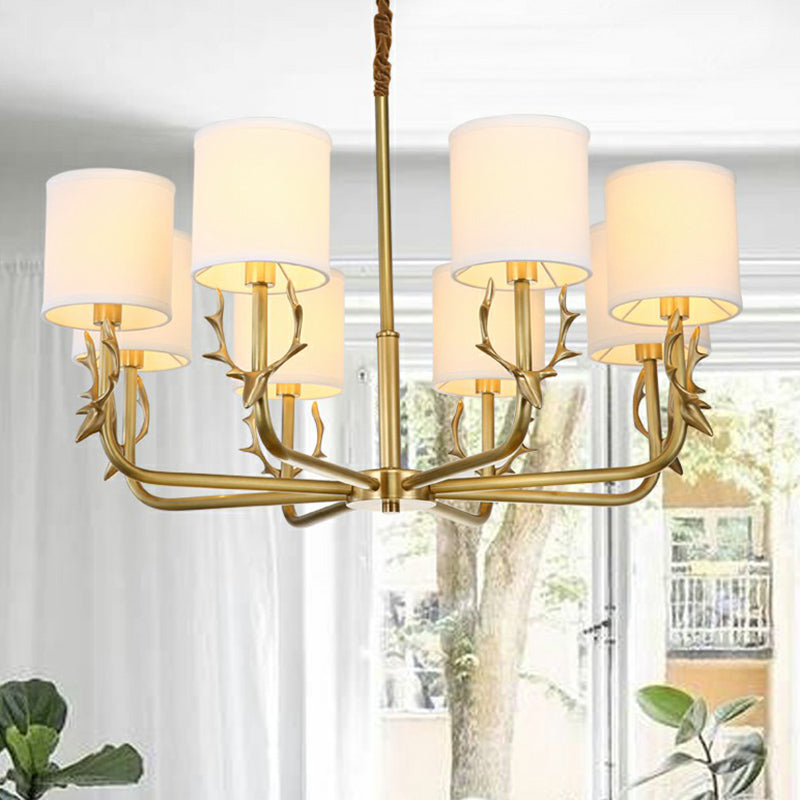 Brass Deer Chandelier Light Minimalistic Metal Hanging Lamp with Cylinder Fabric Shade