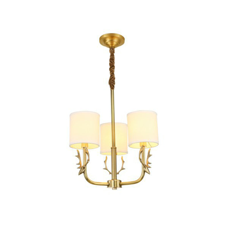 Brass Deer Chandelier Light Minimalistic Metal Hanging Lamp with Cylinder Fabric Shade