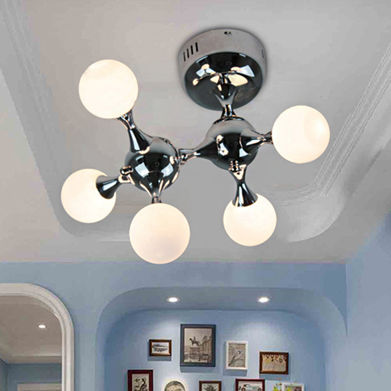 Chrome Finish Molecular Semi Flush Lighting Modern Style 5 Bulbs Metal Ceiling Lamp with Opal Glass Ball Shade