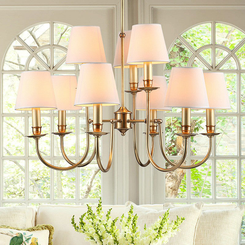 Modern Conic Shade Chandelier Fabric 9-Light Living Room Drop Lamp with Arched Arm in Brass