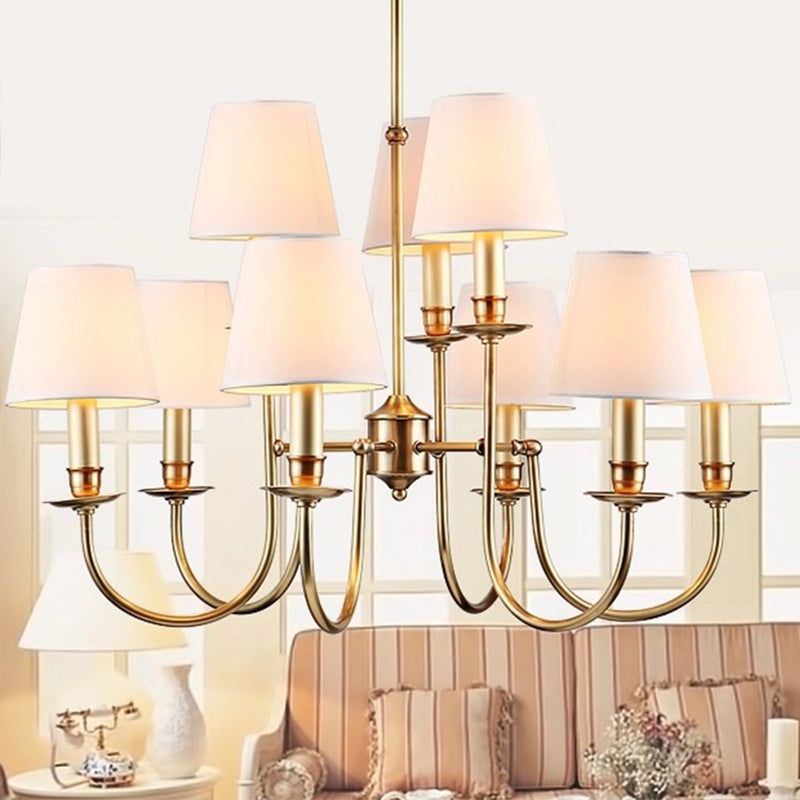 Modern Conic Shade Chandelier Fabric 9-Light Living Room Drop Lamp with Arched Arm in Brass