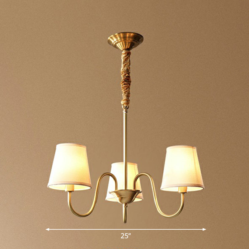 Curvy Arm Metal Chandelier Minimalistic Living Room Pendant Light in Brass with Cone Fabric Shade