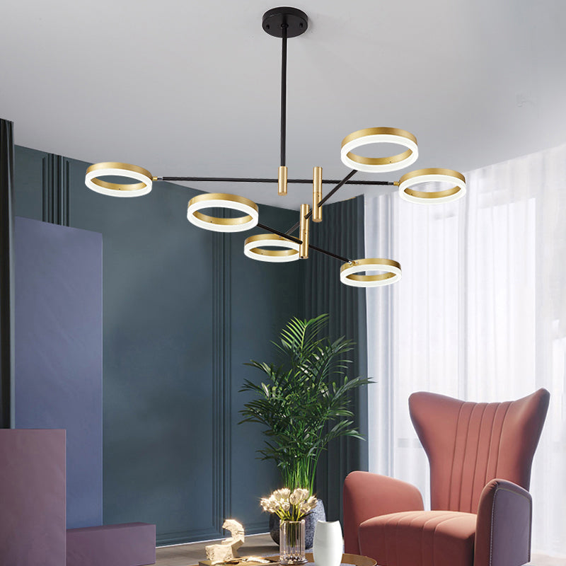 Chandelier à bague réglable Postmodern Acrylique Living Room LED Hanging Light in Black-Gold