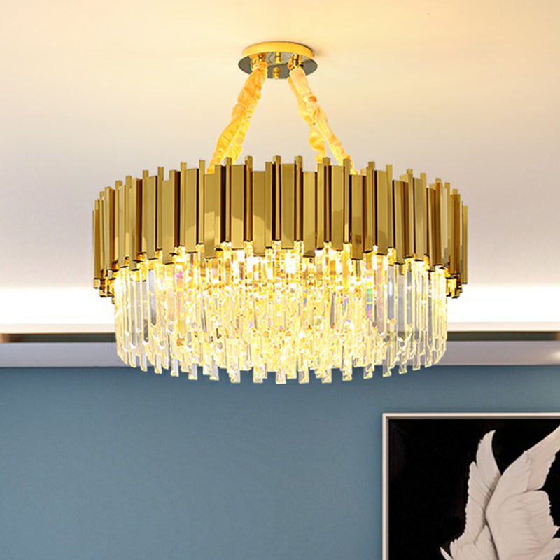 Simple Style Suspension Light Brass Drum Chandelier with Tri-Sided Crystal Prism Shade