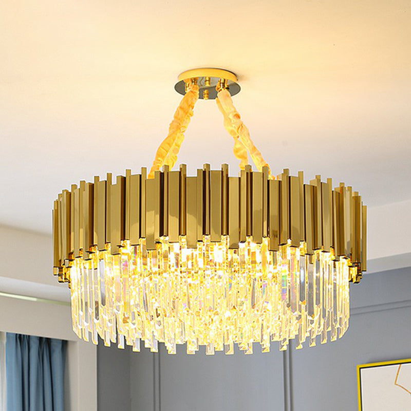 Simple Style Suspension Light Brass Drum Chandelier with Tri-Sided Crystal Prism Shade