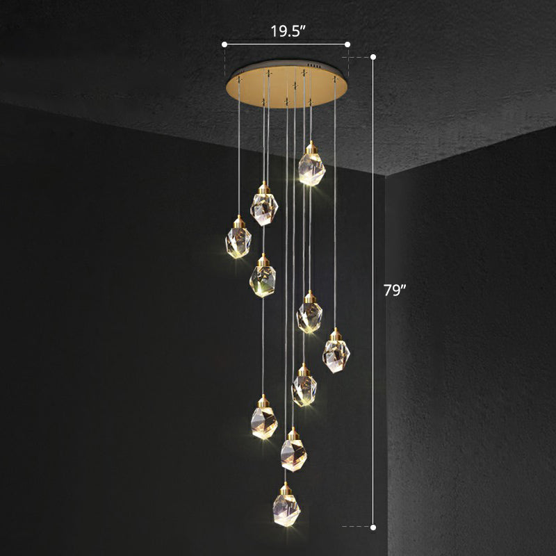 Clear Faceted Crystal Gemstone Hanging Light Minimalistic Multi Pendant Ceiling Light for Staircase