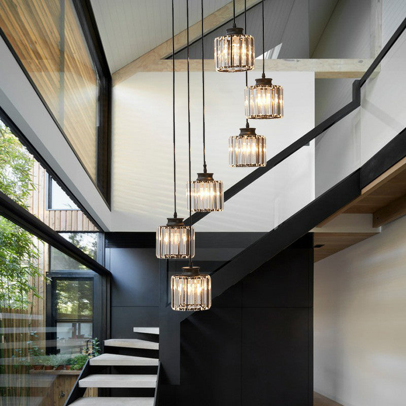 Prendant Cylindrique Postmoderne Prismatique Escalier en cristal Multi Light Chandelier