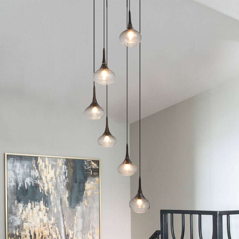 Teardrop Shaped Multi Pendant Modern Ombre Smoke Glass 6-Bulb Staircase Ceiling Hang Light