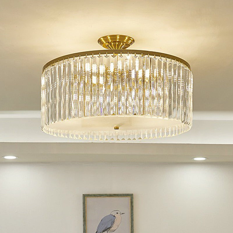 Bedroom Close to Ceiling Light Minimalist Semi Flush Mount with Drum Clear Crystal Shade