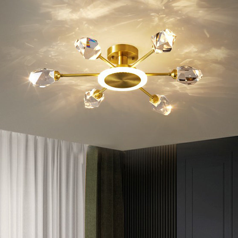 Gouden radiale semi -montage verlichting postmodern kristalblok LED -plafondlicht voor slaapkamer